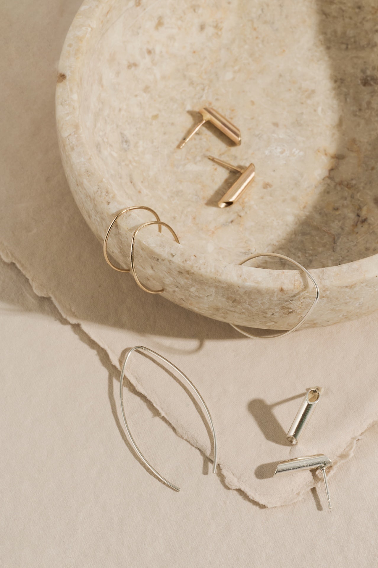 9ct gold and sterling silver arc threader earrings and sterling silver and 9ct gold tube stud earrings 