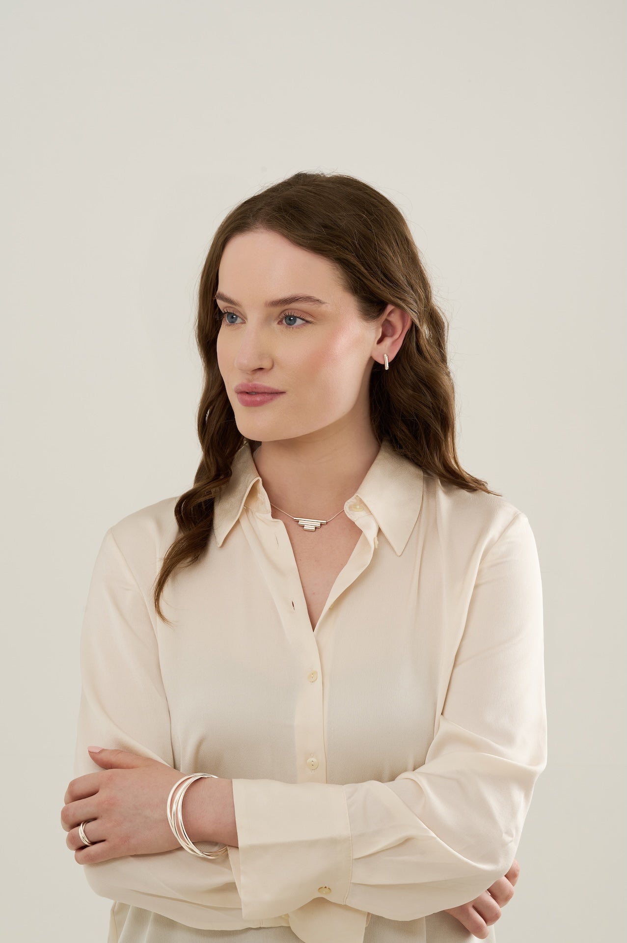 Small sterling silver tube earrings with matching triple tube necklace and triple bangle with matching triple ring